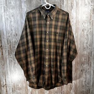 Polo Ralph Lauren Button Up Shirt Mens 2XL Olive Green Orange Plaid Retro Preppy